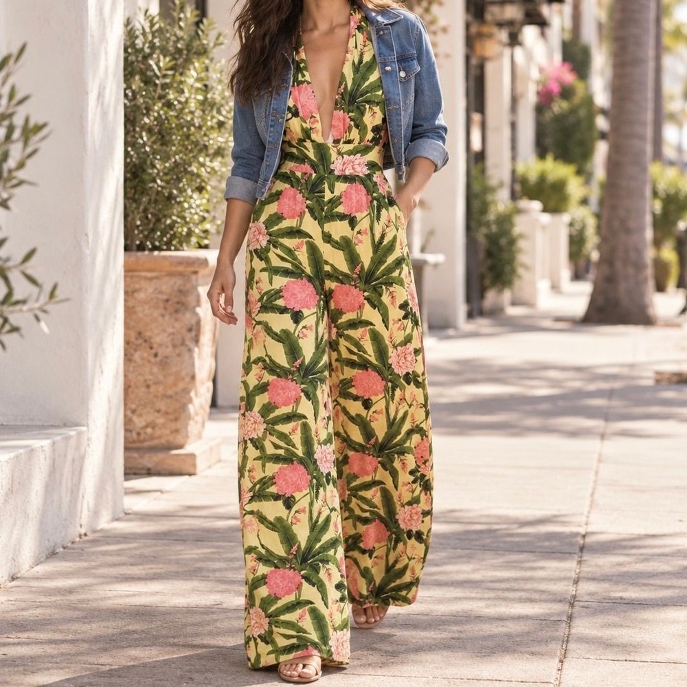Agua Bendita for Target Floral Wide Leg Jumpsuit Yellow Pink Green Small